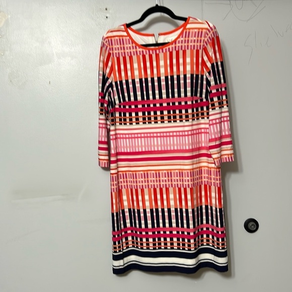 ELIZA J MULTI COLOR CROSS HATCH STRIPED JERSEY 3/4 SLEEVE DRESS 14 - Picture 2 of 5